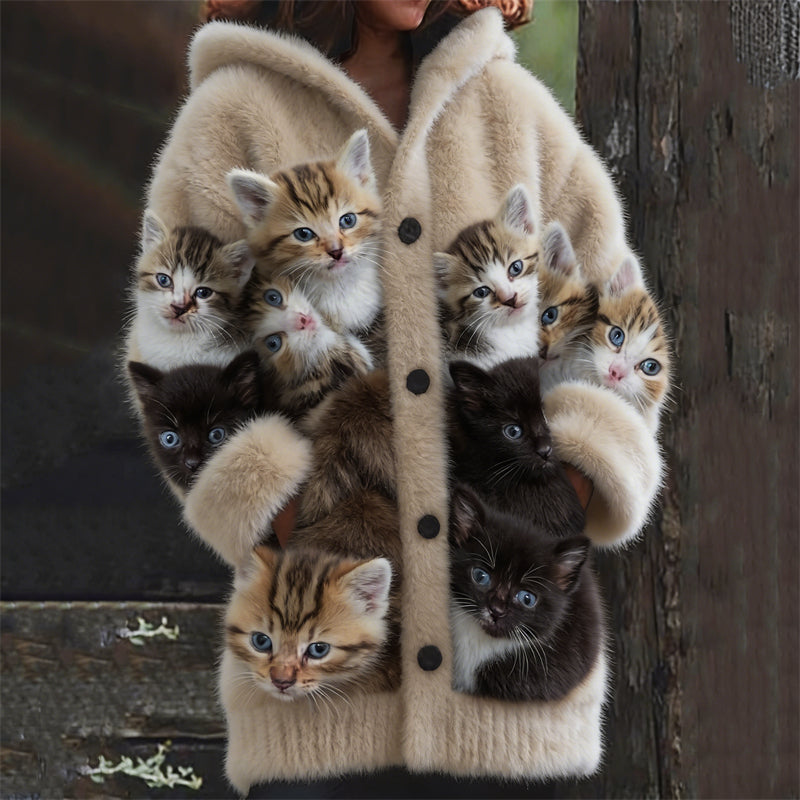 Comstylish Crowded Warm Fuzzy Cats Cozy Hooded Cardigan