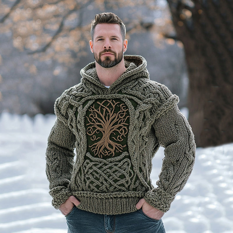 Men's Viking Tribal Life Of Tree Inspired Chunky Knit Hooded Sweater artswardrobe