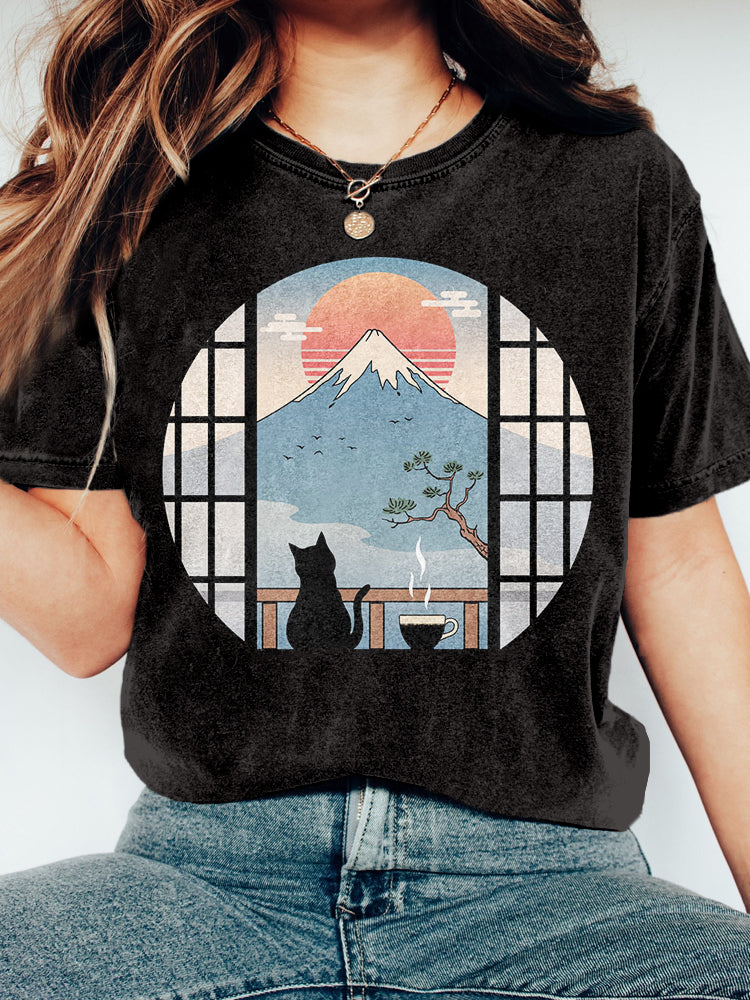 Japanese Mount Fuji Black Cat Tea Washed T Shirt elevenforest