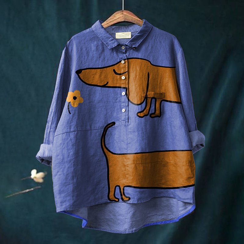 Comstylish Cute Dachshund Floral Art Print Linen Blend Long Sleeve Shirt