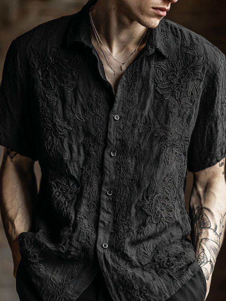 Vintage Floral Lace Embroidered Short Sleeve Linen Shirt artswardrobe