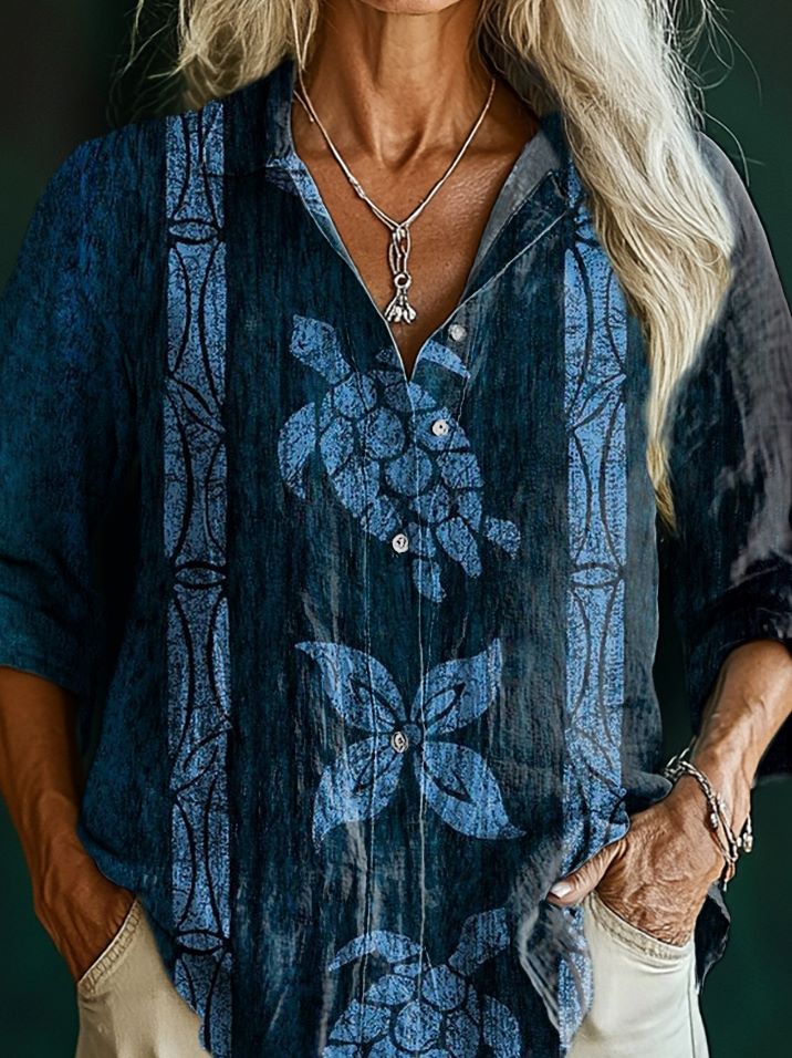 Women's Turtle Pattern Art Print Casual Cotton Shirt