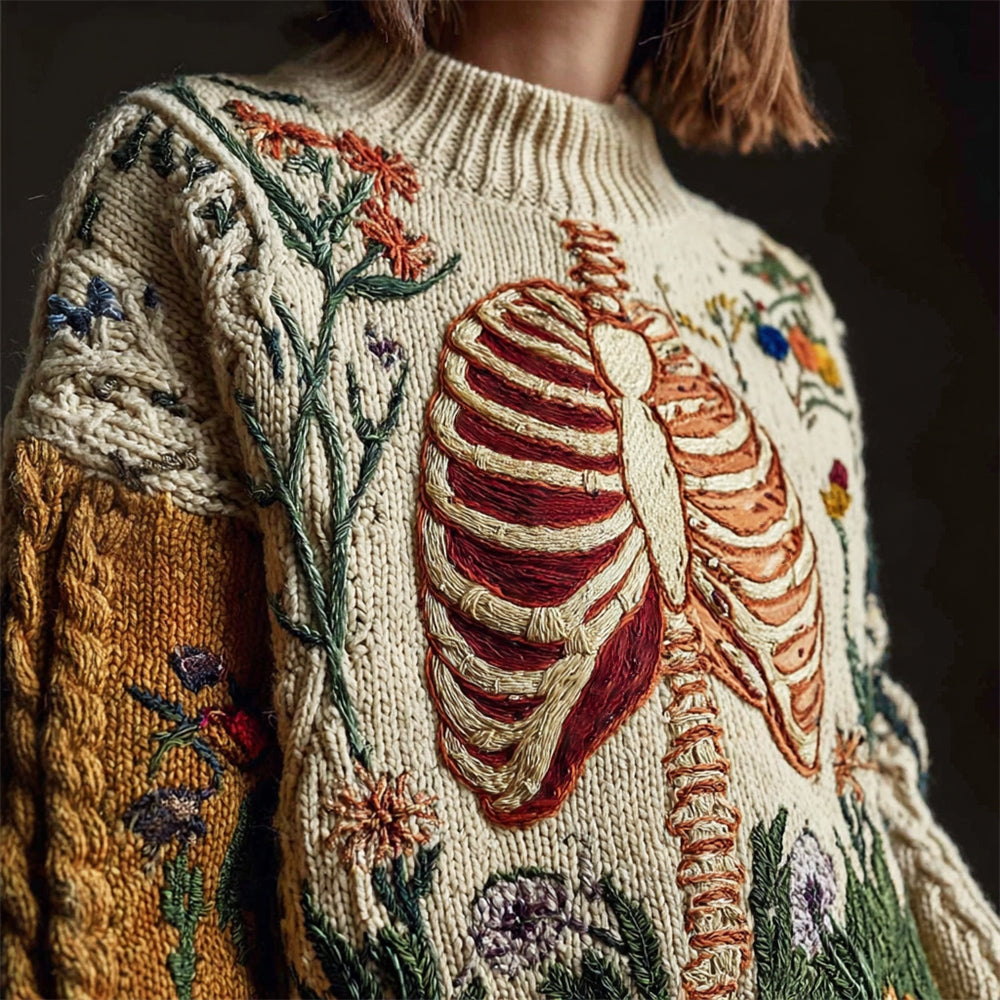 Vintage Anatomy & Floral Embroidery Women's Knit Crew Neck Sweater artswardrobe