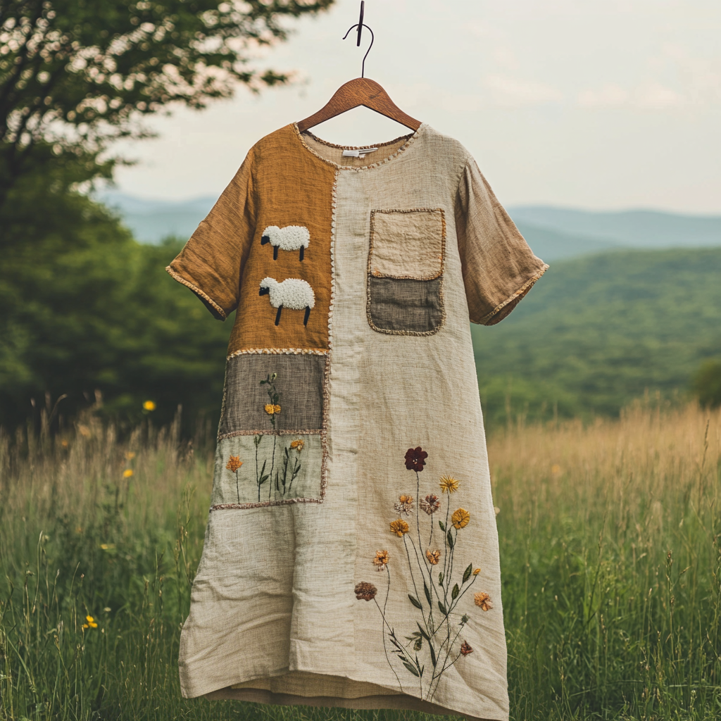 Sheep Floral Patchwork-print Linen Midi Dress artswardrobe