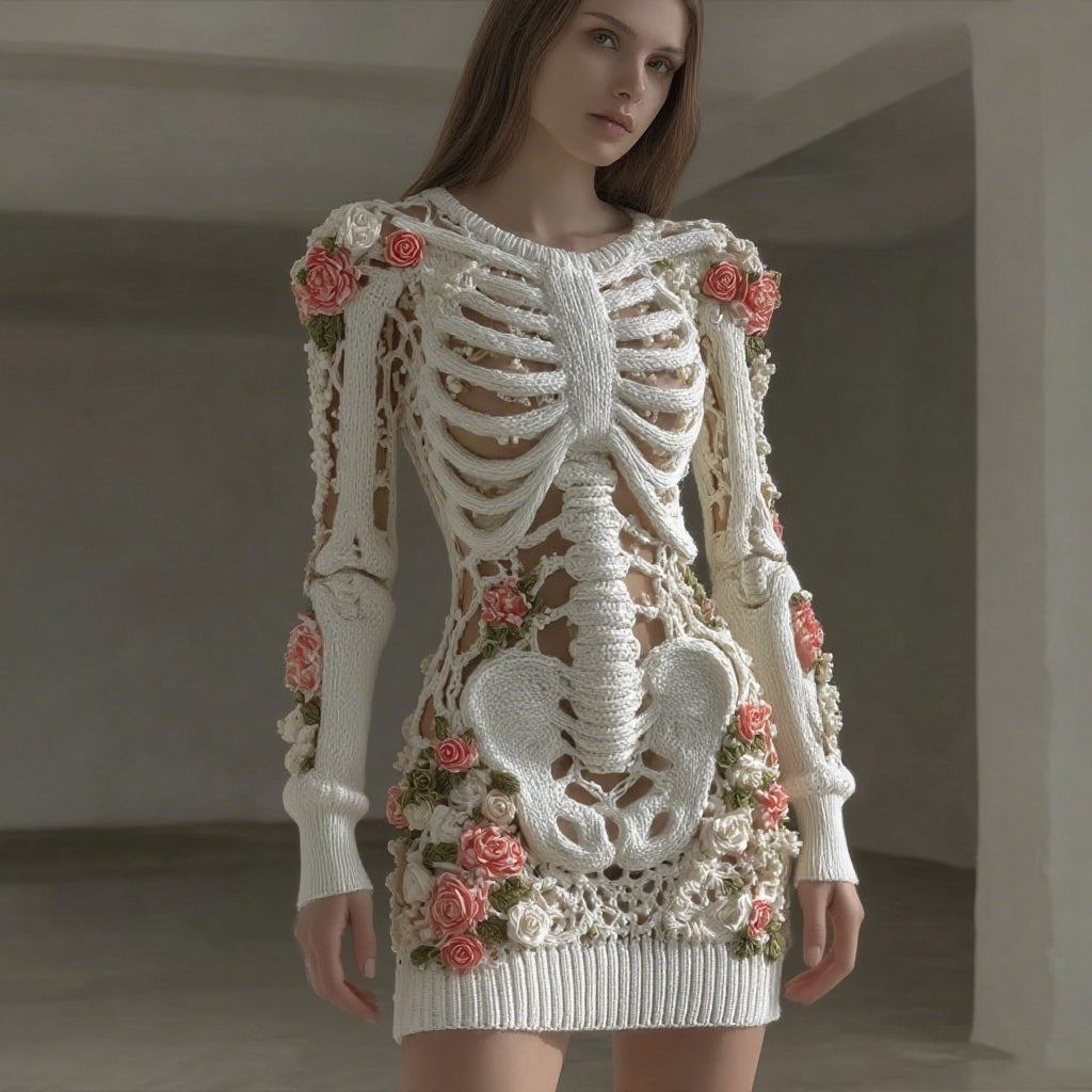 Women's Vintage Skull Pink Rose Crochet Comfort Knit Sweater Dress artswardrobe