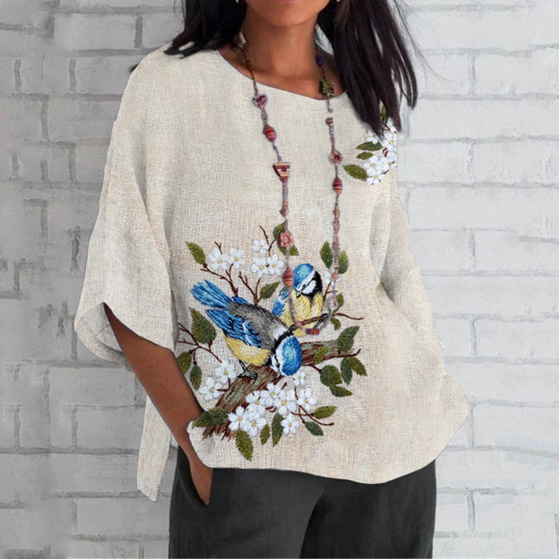 Comstylish Women's Apricot Blossom And Kingfisher Embroidery Art Loose Crew Neck Tops