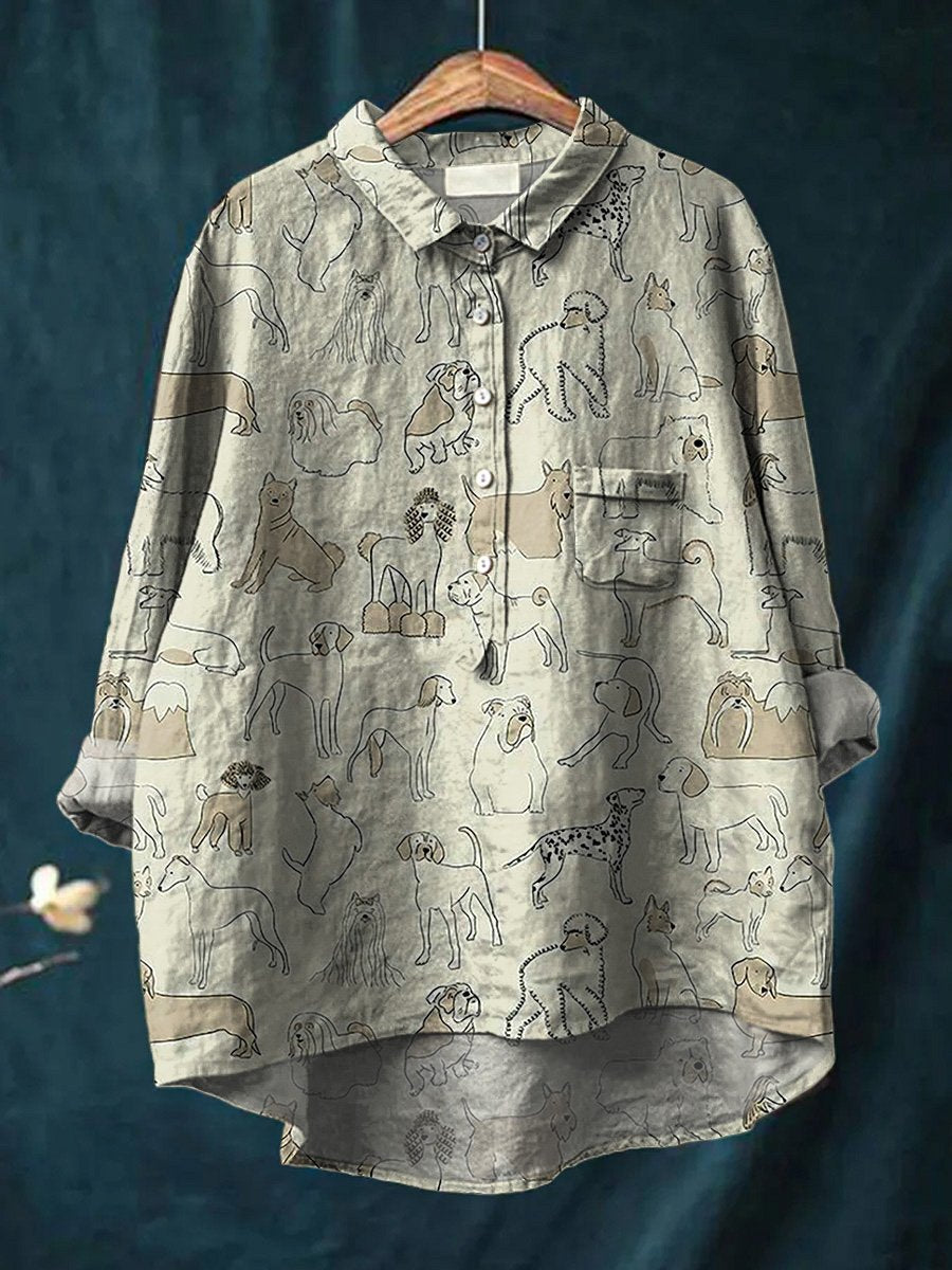 Line Drawing Dogs Pattern Printed Women's Casual Cotton And Linen Shirt