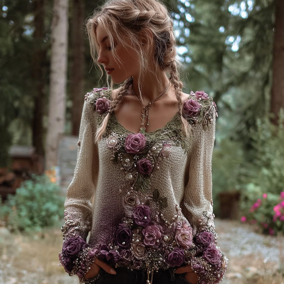 Bohemian Style Round Neck Long Sleeve 3d Purple Flower Design Women's Sweater artswardrobe