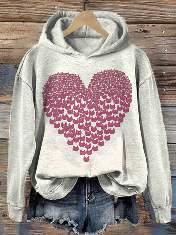 Cute Cat Heart Print Cozy Hoodie elevenforest