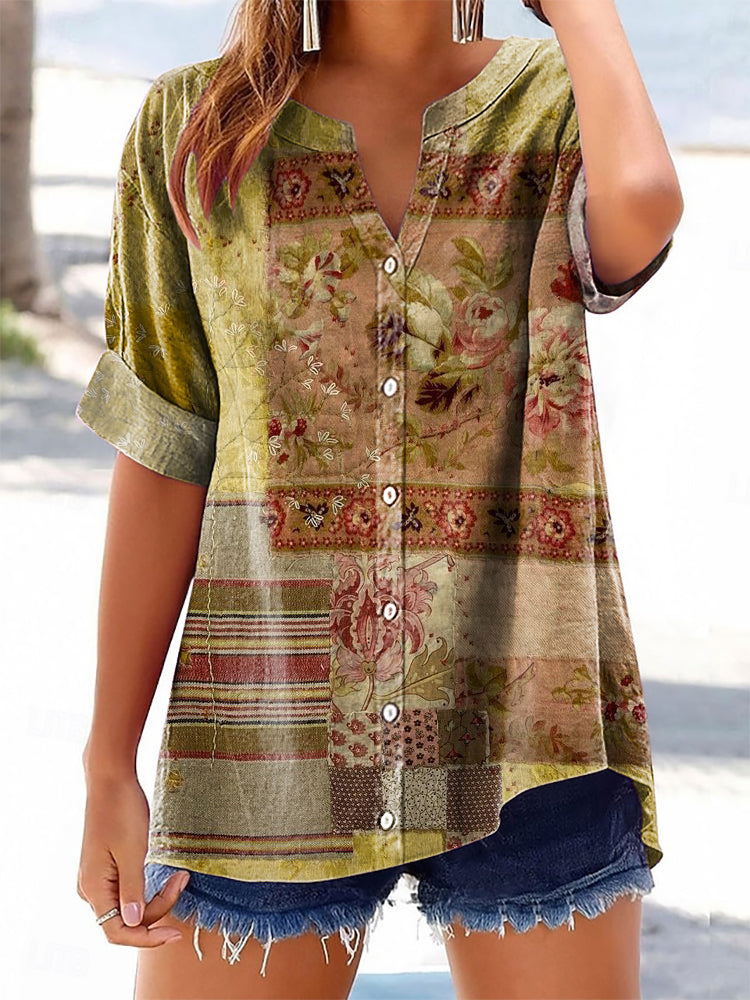 Women's Vintage Ethnic Floral Art Print Casual Cotton And Linen Shirt
