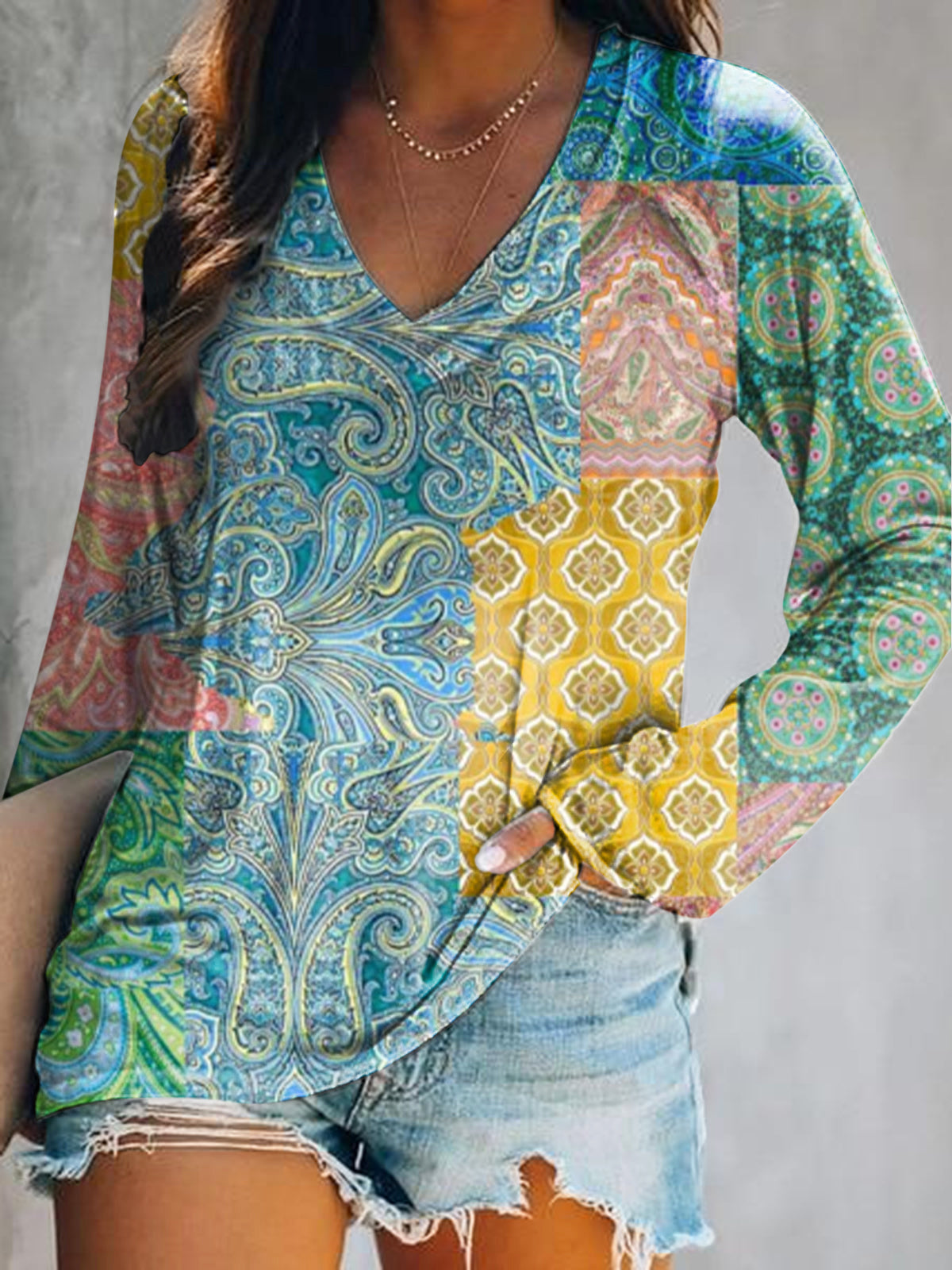 Women's Casual Retro Paisley Floral Art Print V Neck Long Sleeve Tops