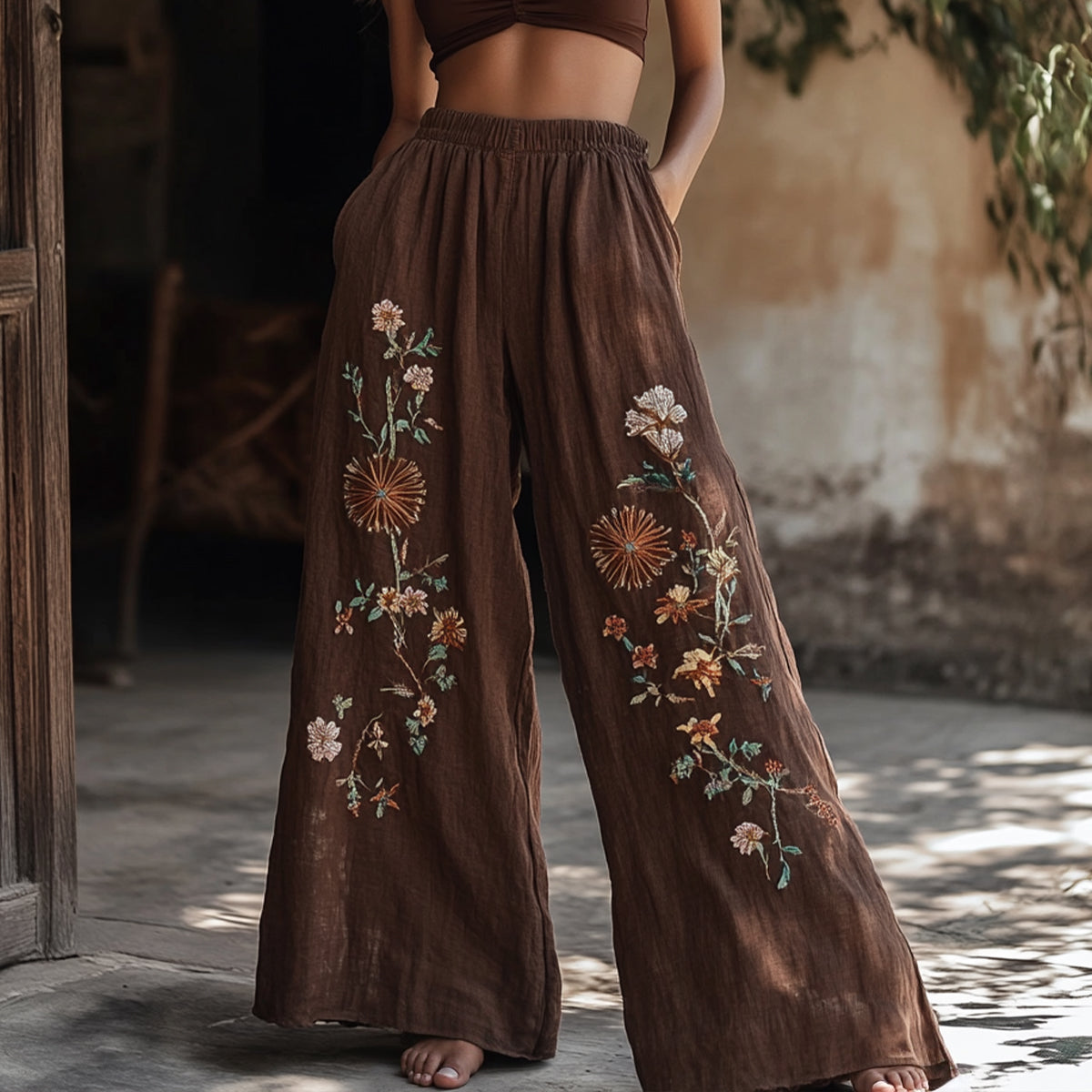 Women's Vintage Floral Embroidered Pattern Linen Blend Pants artswardrobe