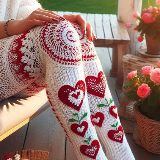 Vintage Crochet Floral And heart Cozy Knit Leggings artswardrobe