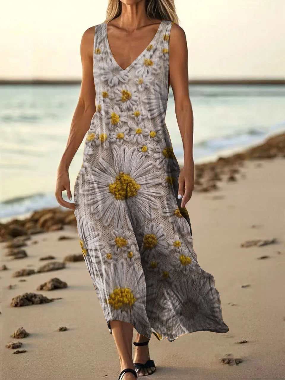 Women's Vintage Floral Art Print Pocket Cotton Dress