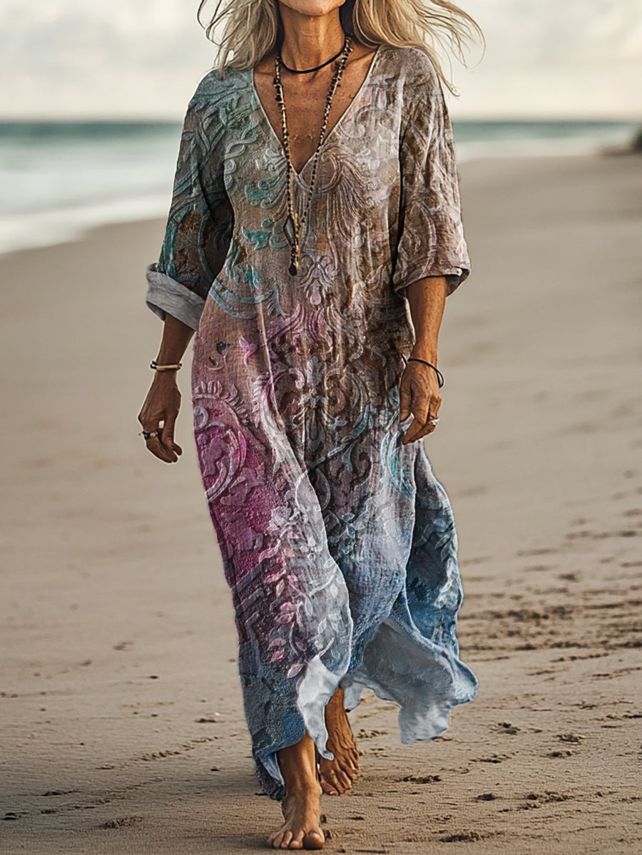 Women's Floral Textured Art Print Pocket Cotton Dress