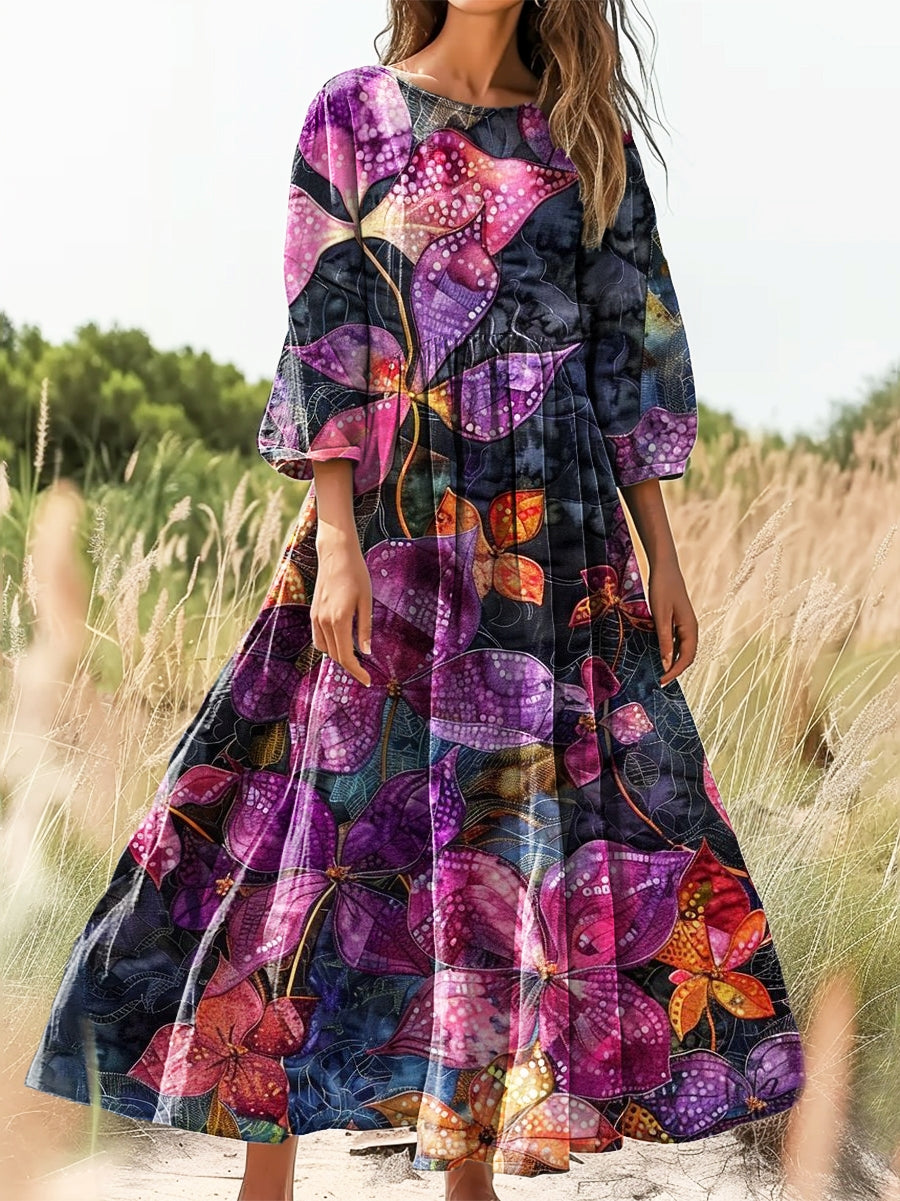 Women's Floral Art Print Flowy Cotton Crew Neck Dress