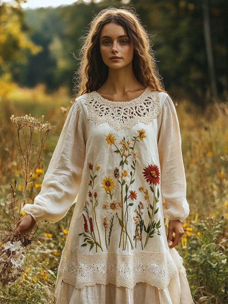 Rustic Lace Floral Embroidery Art Women's Linen Flowy Long Dress artswardrobe