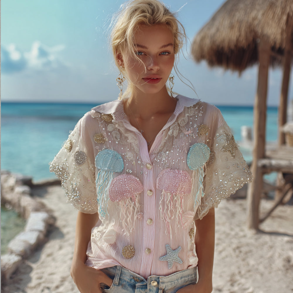 Bohème Marine Jellyfish Art Leisure Stripes Collar Shirt elevenforest