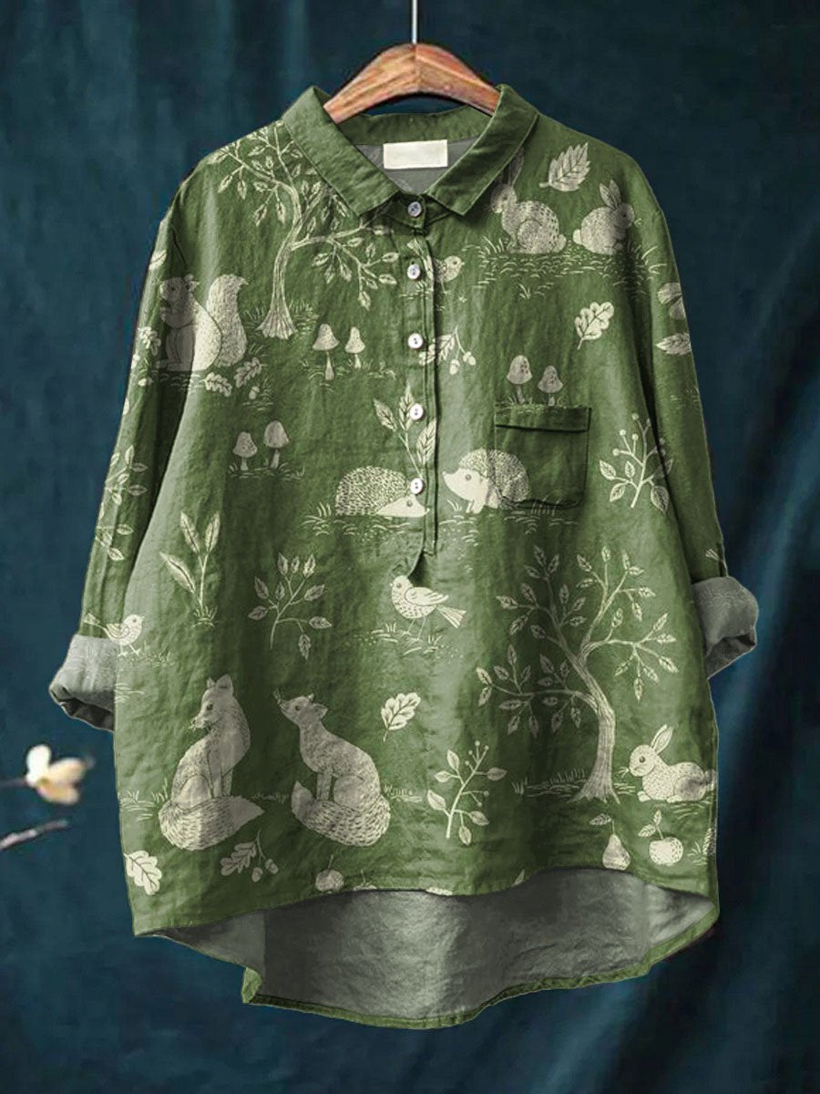 Vintage Lovely Woodland Animals Art Print Casual Cotton And Linen Shirt