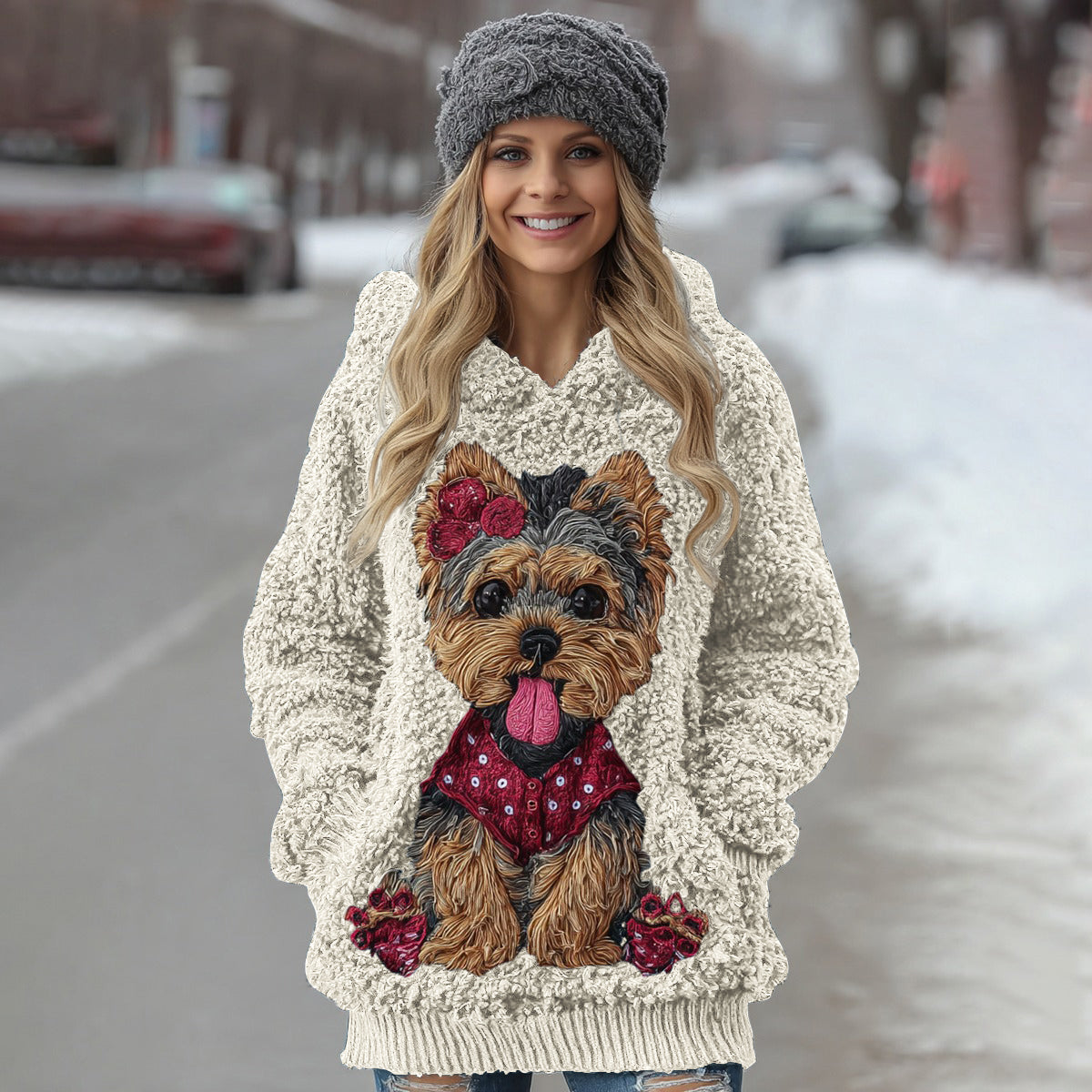 Cute Fuzzy Yoshka Puppy Soft Hooded Sweater artswardrobe