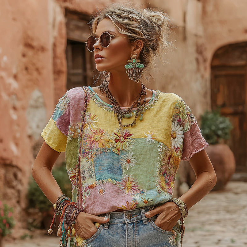 Women's Bohemian Daisy Embroidery Patchwork Art Round Neck Linen Blend T-shirt artswardrobe