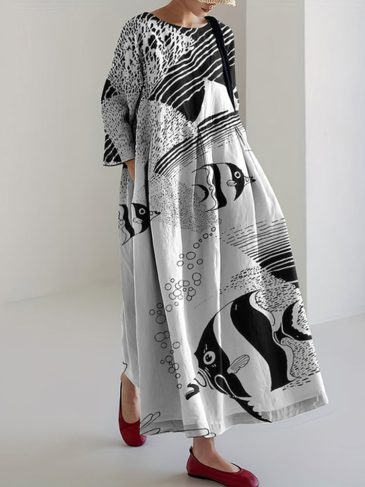 Oil Painting Water Ripple Fish Women'S Dress