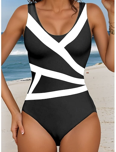 One Piece Swimsuit Slimming Colorblock Monokini Backless Tummy Control High Waist Slim Vacation Beach Wear Geometric U Neck Sleeveless Bathing Suits