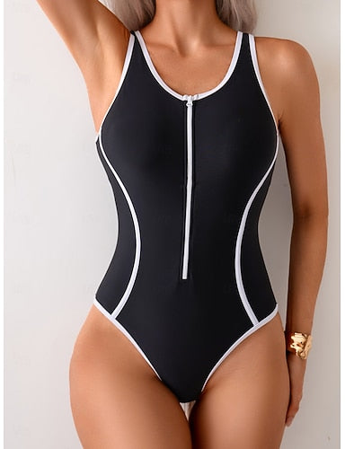 Swimwear One Piece Monokini Swimsuit Tummy Control High Waist Slim Backless Vacation Beach Wear Color Block Scoop Neck Sleeveless Bathing Suits