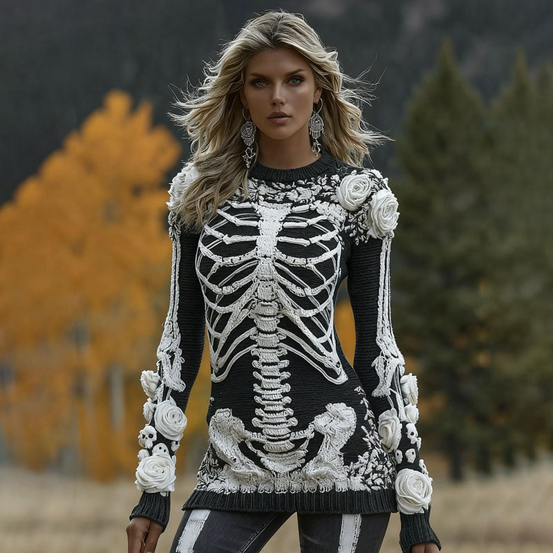 Women's Halloween Skeleton Bones With Roses And Skull Art Casual Crew Neck Sweater artswardrobe