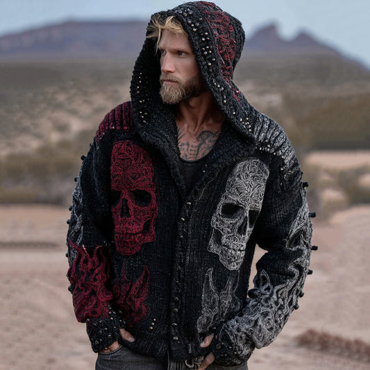 Men's Retro Skull And Flame Inspired Knitted Asymmetrical Design Zipper Up Hooded Cardigan elevenforest