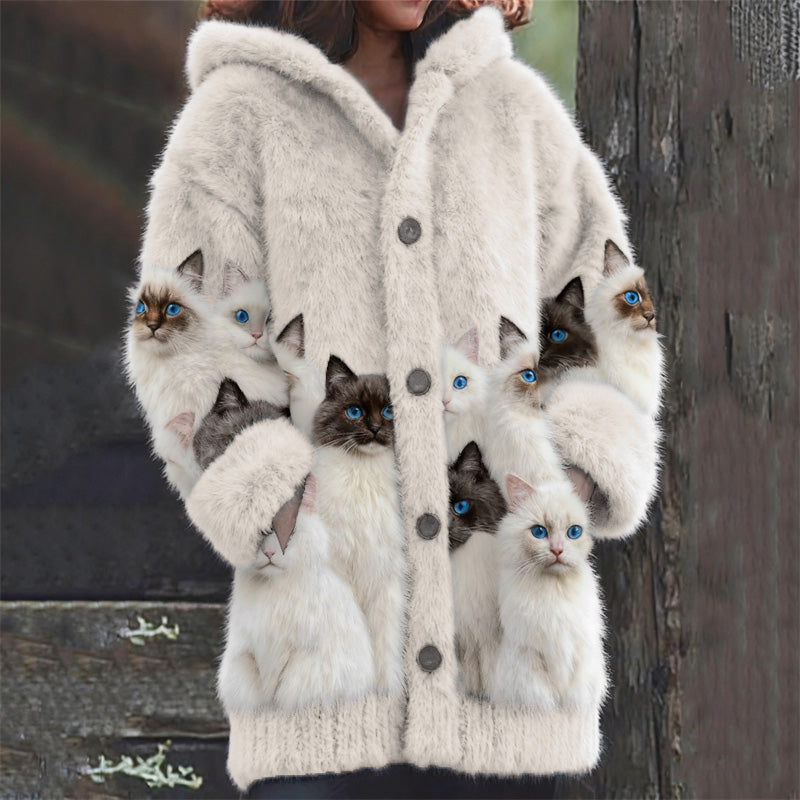 Cardigan in lana con stampa di gatti bianco e nero