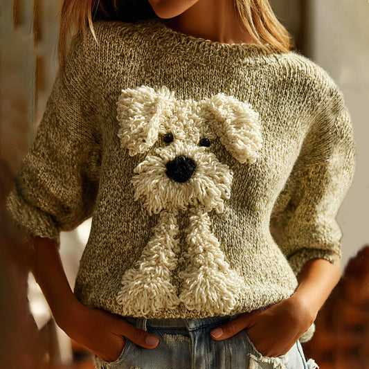 Lovely Fuzzy Dog Embroidered Cozy Knit Sweater artswardrobe