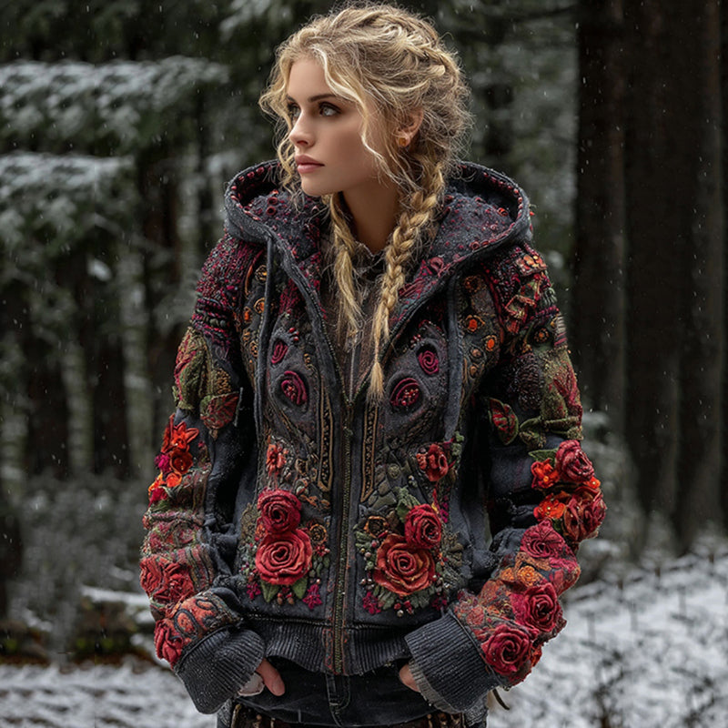 Comstylish Women's Viking Rose Art Zipper Casual Pocket Hooded