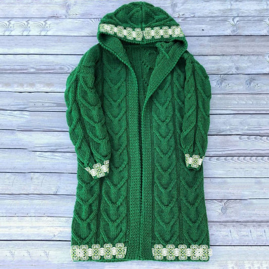 Women's Irish Celtic Knot Jacquard Hooded Aran Sweater elevenforest