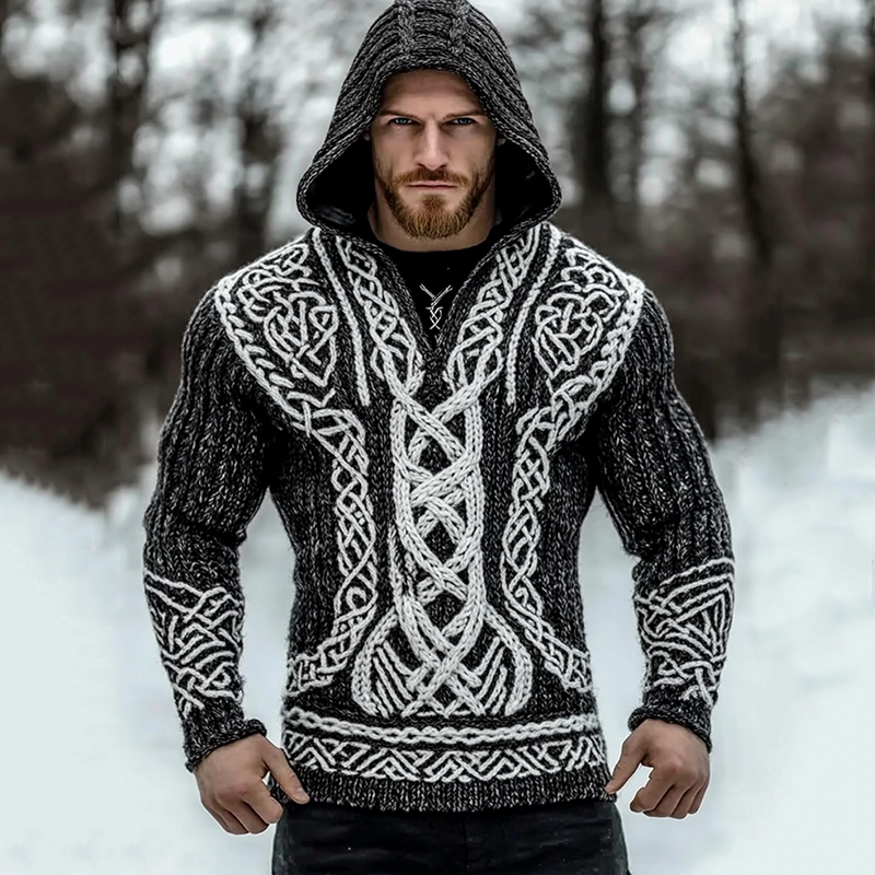 Men's Viking Tribal Jacquard Inspired Celtic Hooded Sweater elevenforest