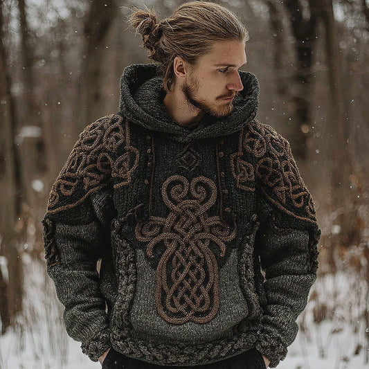 Men's Vintage Viking Celtic Knot Contrast Jacquard Knit Hooded Sweater artswardrobe