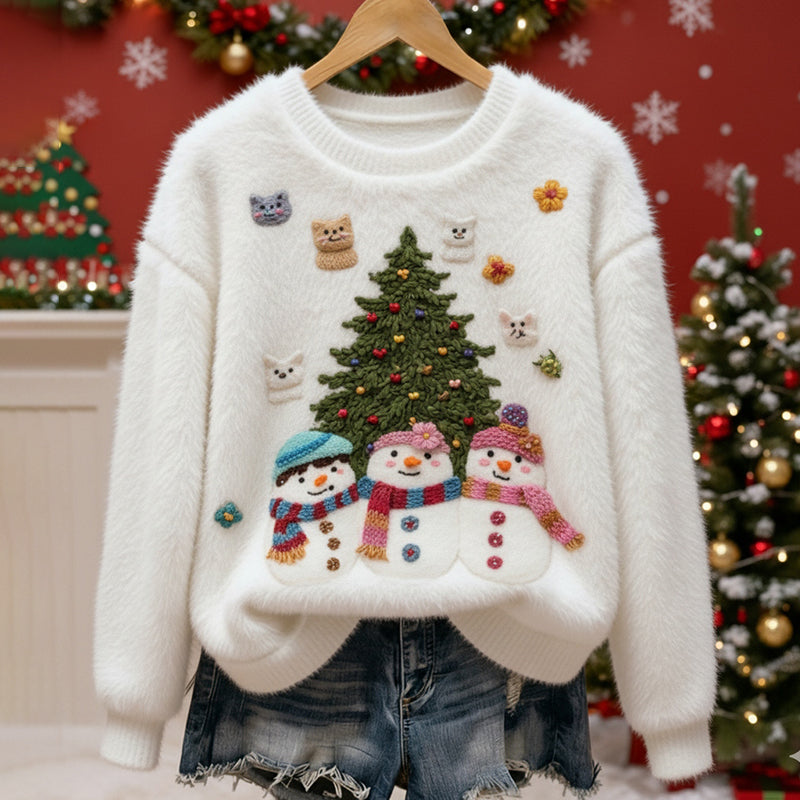 Comstylish Christmas Tree And Snowman Pattern Women's Comfortable Plush Sweater