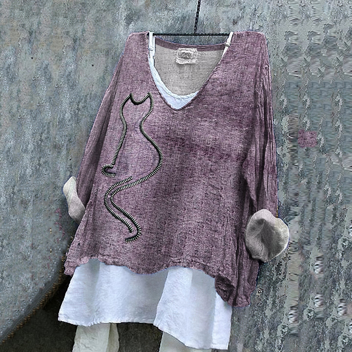 Women's Abstract Zipper Cat Art Cotton And Linen V-neck Shirt elevenforest