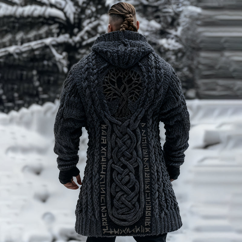 Men's Viking Tribal Jacquard Celtic With Tree Of Life Inspired Chunky Knit Zipped Hooded Sweater artswardrobe