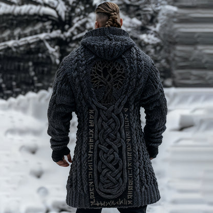 Men's Viking Tribal Jacquard Celtic With Tree Of Life Inspired Chunky Knit Zipped Hooded Sweater artswardrobe