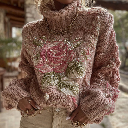 Women's Vintage Pink Rose Pattern Warm Knitted Turtleneck Sweater elevenforest