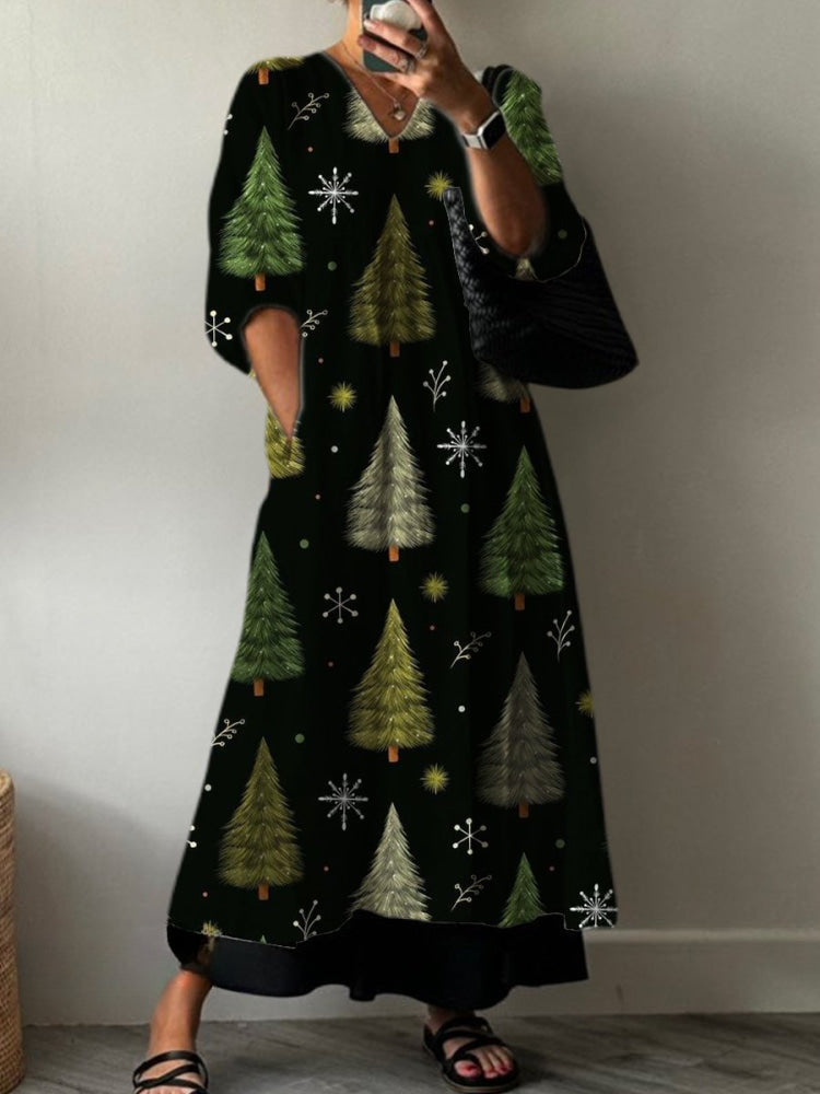 Women's Christmas Tree Vintage Print Pocket V-neck Dress