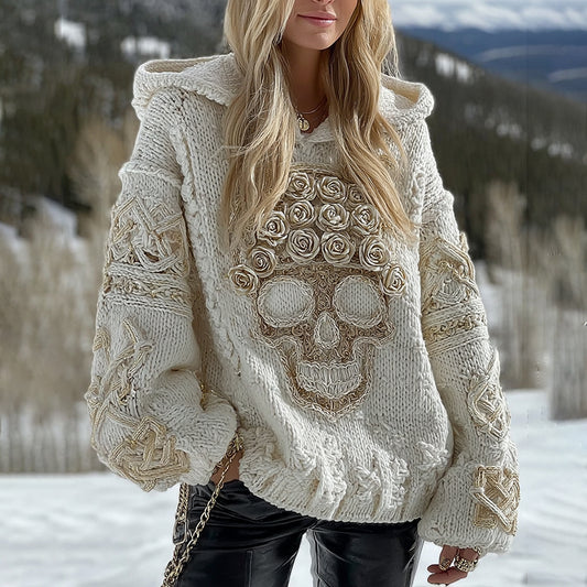 Women's White Rose Skull Comfortable Loose Solid Color Hooded Sweater artswardrobe