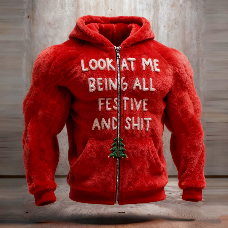 Comstylish Men's Funny Slogan Zipper Ugly Hooded Sweater