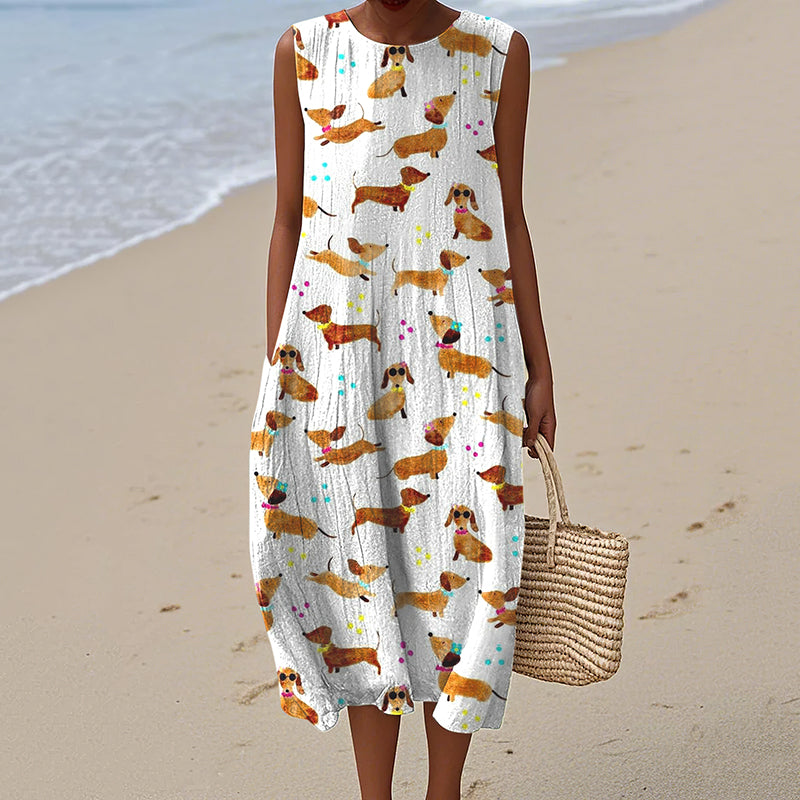 Women's  Dachshund Dog Art Print Linen Tank Midi Dress artswardrobe