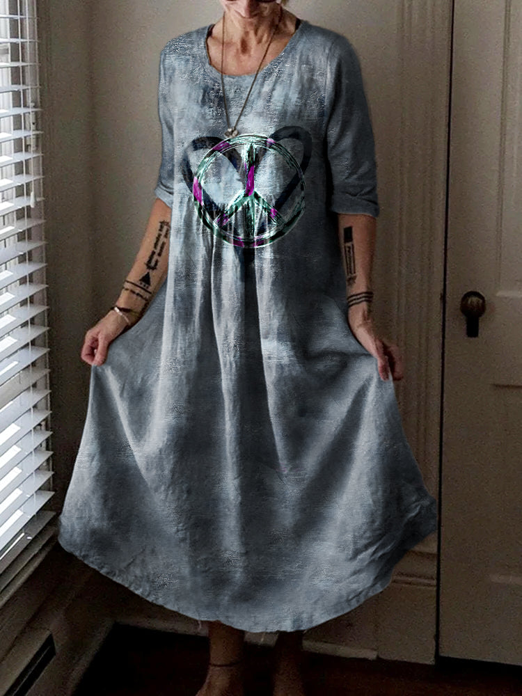 Women's Hippie Peace Love Art Print Pocket Cotton Dress