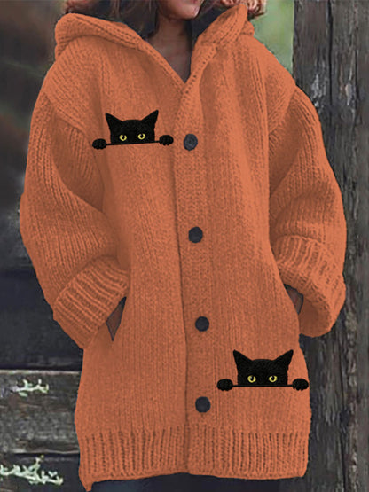 Comstylish Women's Casual Funny Black Cat Print Hood Sweater