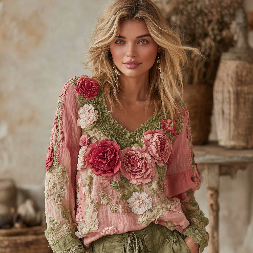 Women's Vintage Floral Art V-neck Shirt artswardrobe