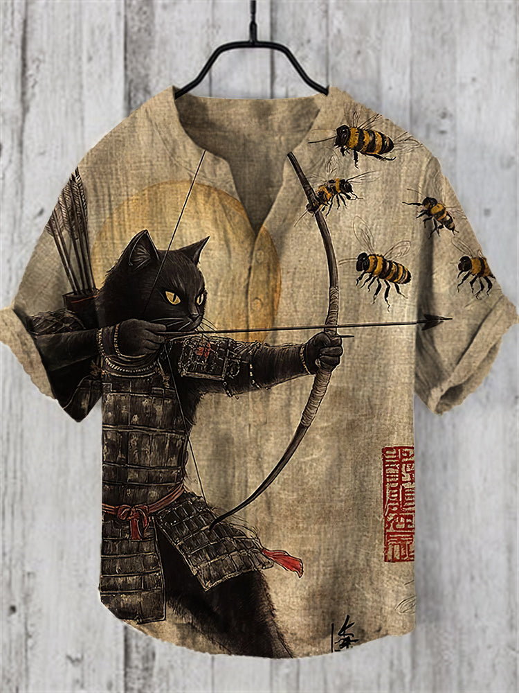 Men's Black Cat Tribal Warrior Japanese Kyudo V Neck Short Sleeve Shirt elevenforest