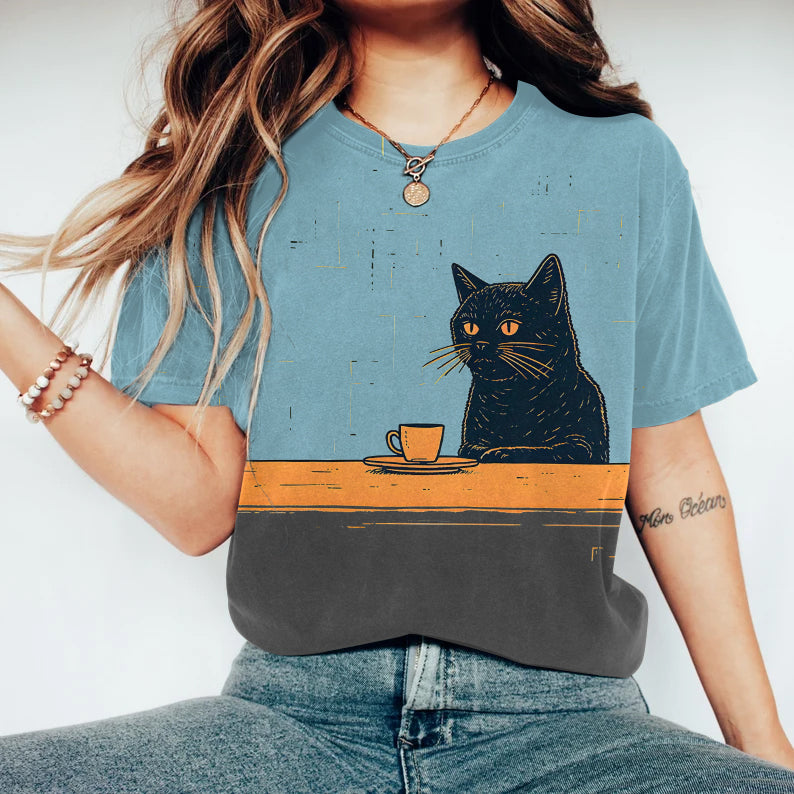 Japanese Art Black Cat Chilling Coffee Art Print Round Neck T-Shirt elevenforest